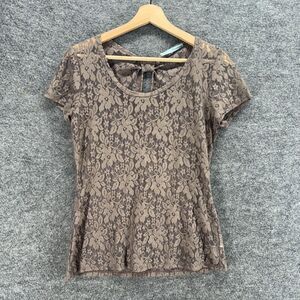 Maurices T-Shirt Women M Medium Brown Floral Short Sleeve Round Neck Casual